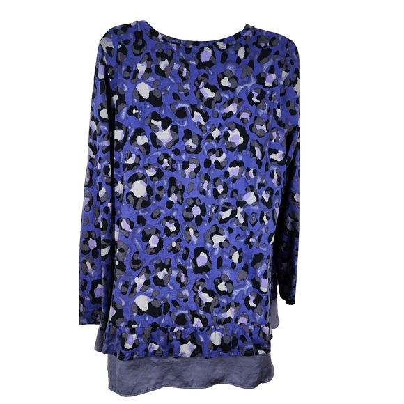 LOGO Lori Goldstein Tunic Top Womens Medium Blue Animal Print Ruffle Hem Knit - Picture 2 of 11
